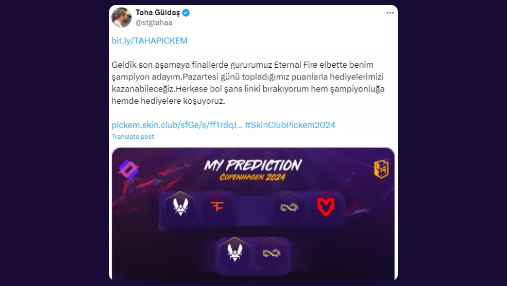 Taha Güldaş: Geldik son aşamaya finallerde gururumuz Eternal Fire elbette benim şampiyon adayım